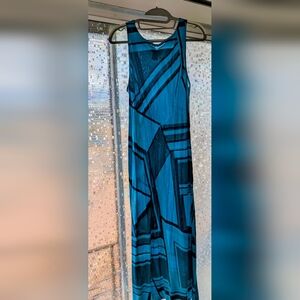 Virgo Teal and Black Asymmetrical Maxi Dress